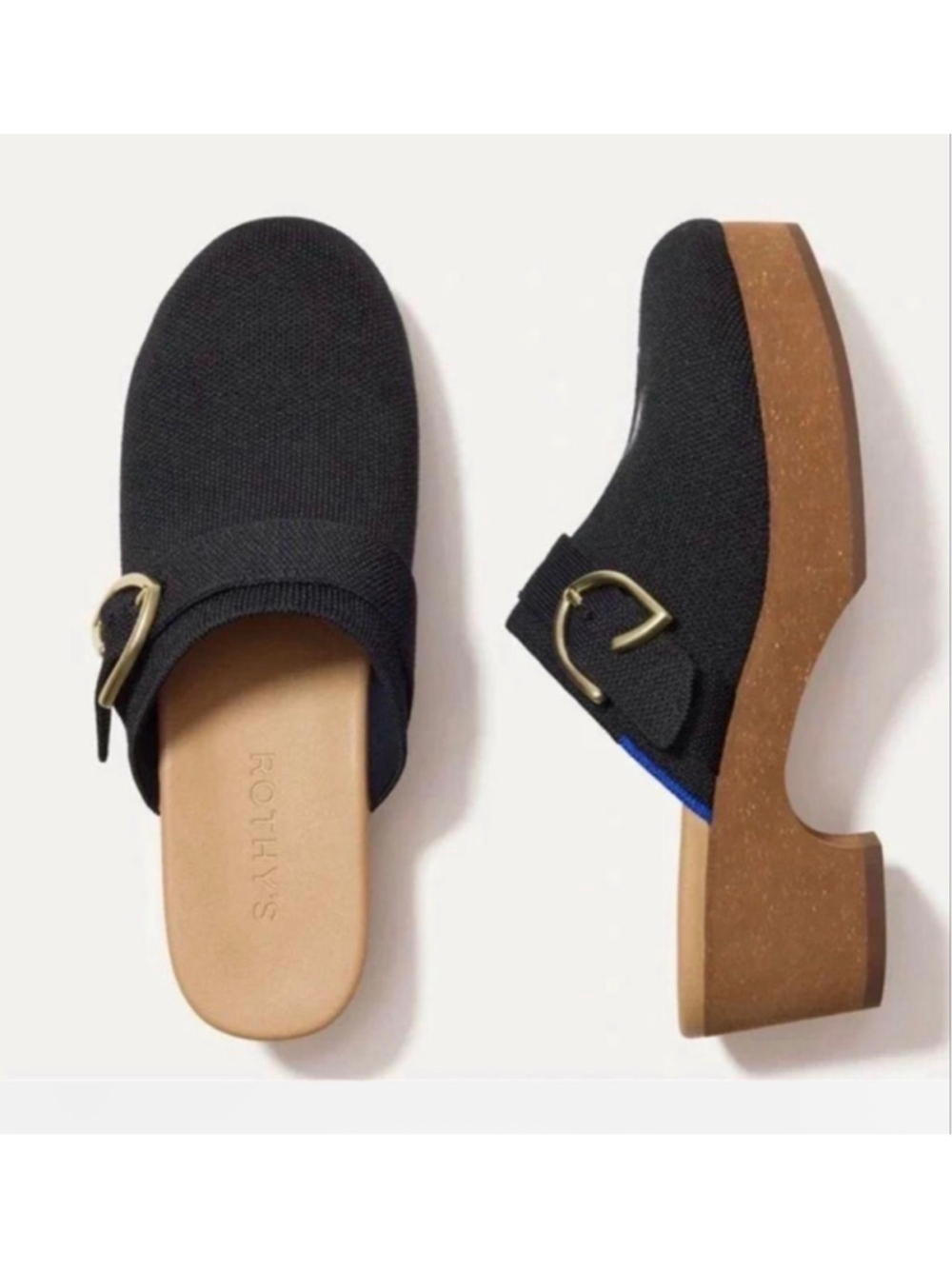 Women's Rothy's Black Knit Clogs with Brown Platform - Size 9